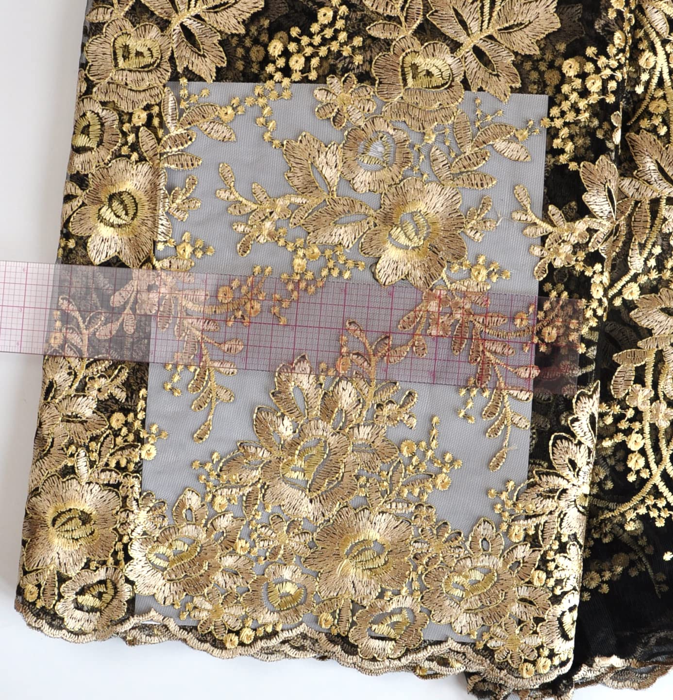 SanVera17 African Fabric Net Fabrics Nigerian Embroidered Lace Fabric for Party Dress (Gold) 5 Yards 2203-4