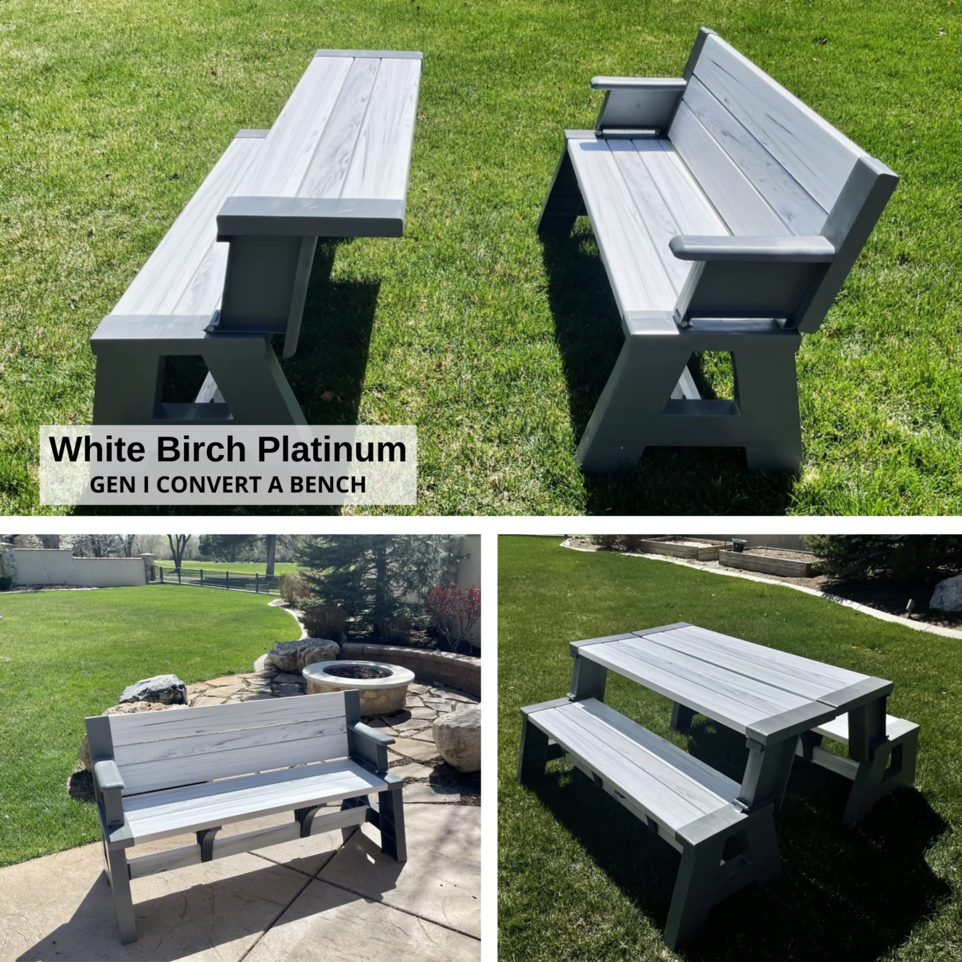 Convert-a-Bench Folding Resin Picnic Table and Bench | Platinum White Birch