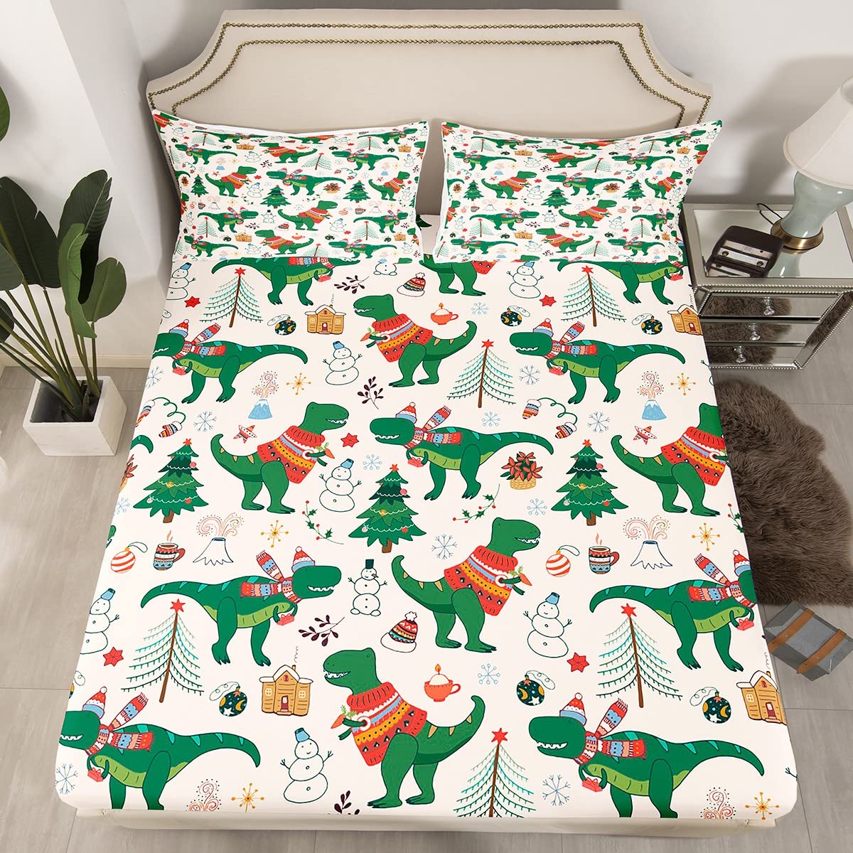 Christmas Sheet Set for Kids Boys Girls Cartoon Dinosaur Christmas Tree Sheets with Deep Pocket Fitted Sheet Snowman New Year Bed Sheets Set Bedroom Decor Xmas Theme Bedding Set Full Size 4Pcs