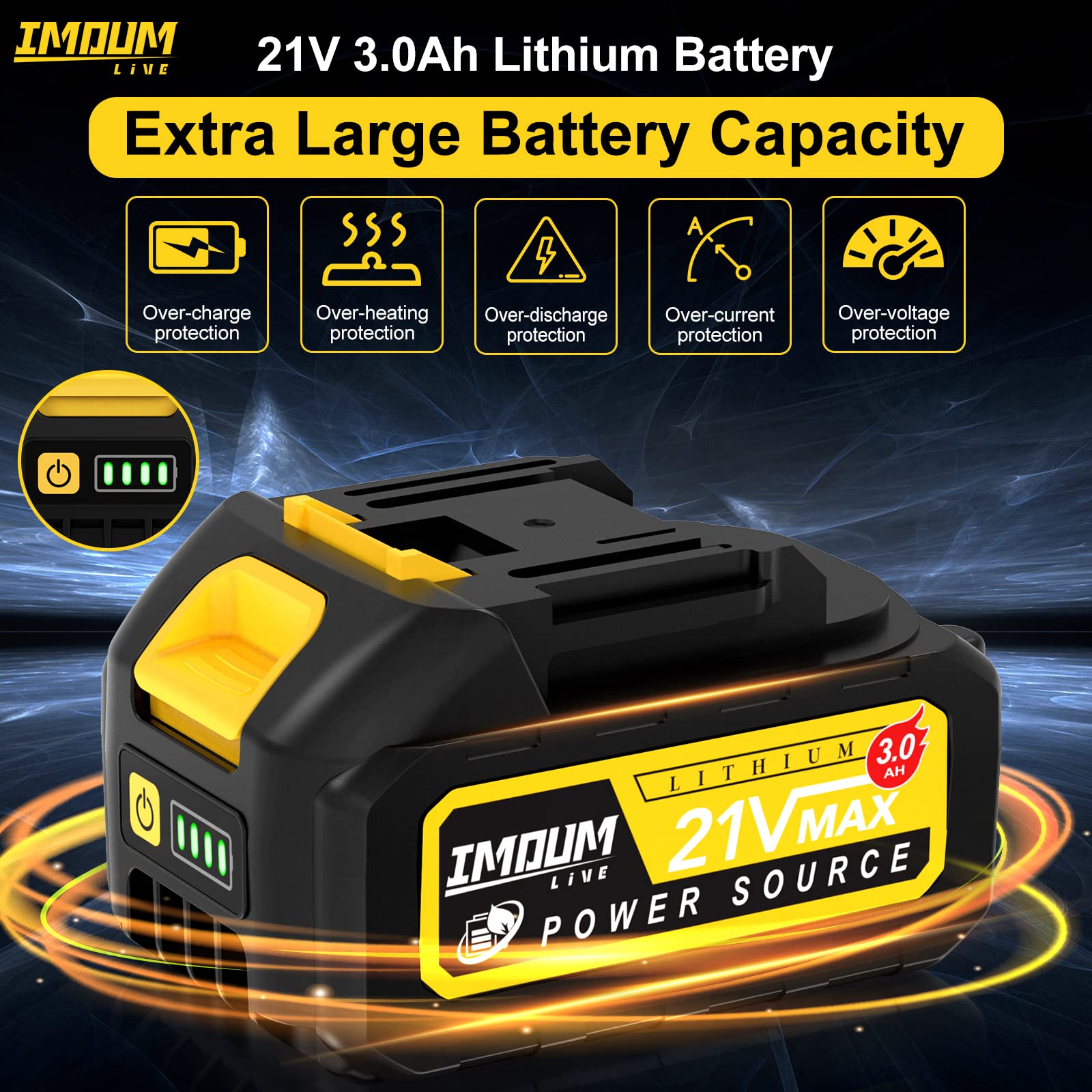 IMOUMLIVE 21V Battery, Lithium Ion, 3.0Ah