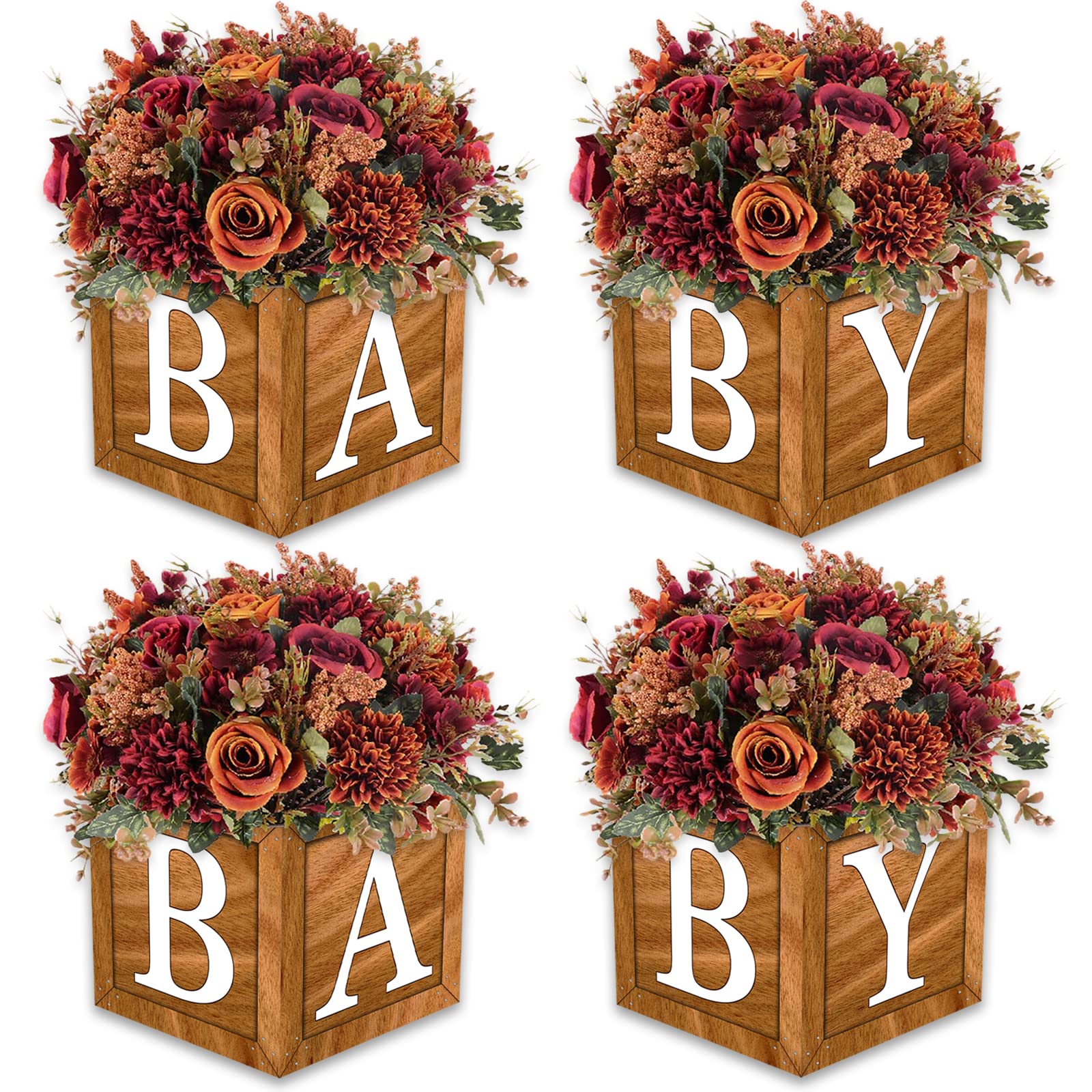 4 Wood Grain Baby Centerpiece Brown Flower Boxes Party Arrangement Favor Block Holder Baby Shower Gender Reveal Table Display with Letters Boy Girl Birthday Baby Shower Decorations without Flowers