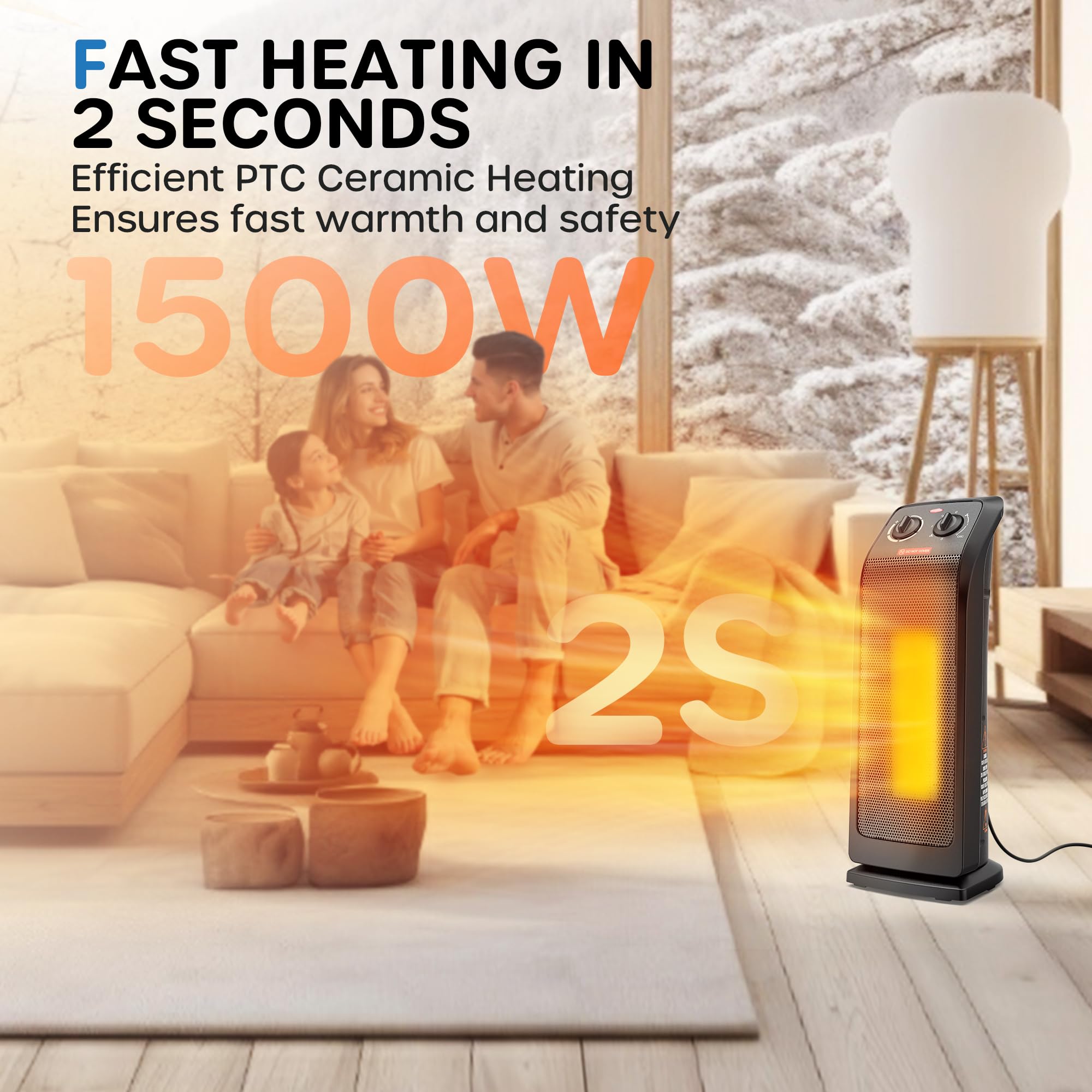 ECOWELL 18" Tower Heater for Indoor Use, 1500W Fast Heating Ceramic Electric Heater with Thermostat, 3 Modes, Tip-Over Protection, 60° Oscillating Portable Space Heater for Office Bedroom EHT180