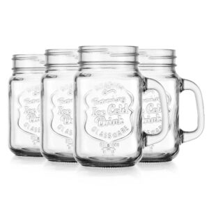 Glaver's Mason Drinking Jars – Set of 4, 16 Oz Clear Glass Jars – With Convenient Handle and Ice-Cold Embossed Logo – Ideal for Hot and Sunny Days – Perfect Glass Cups for Cold Drinks