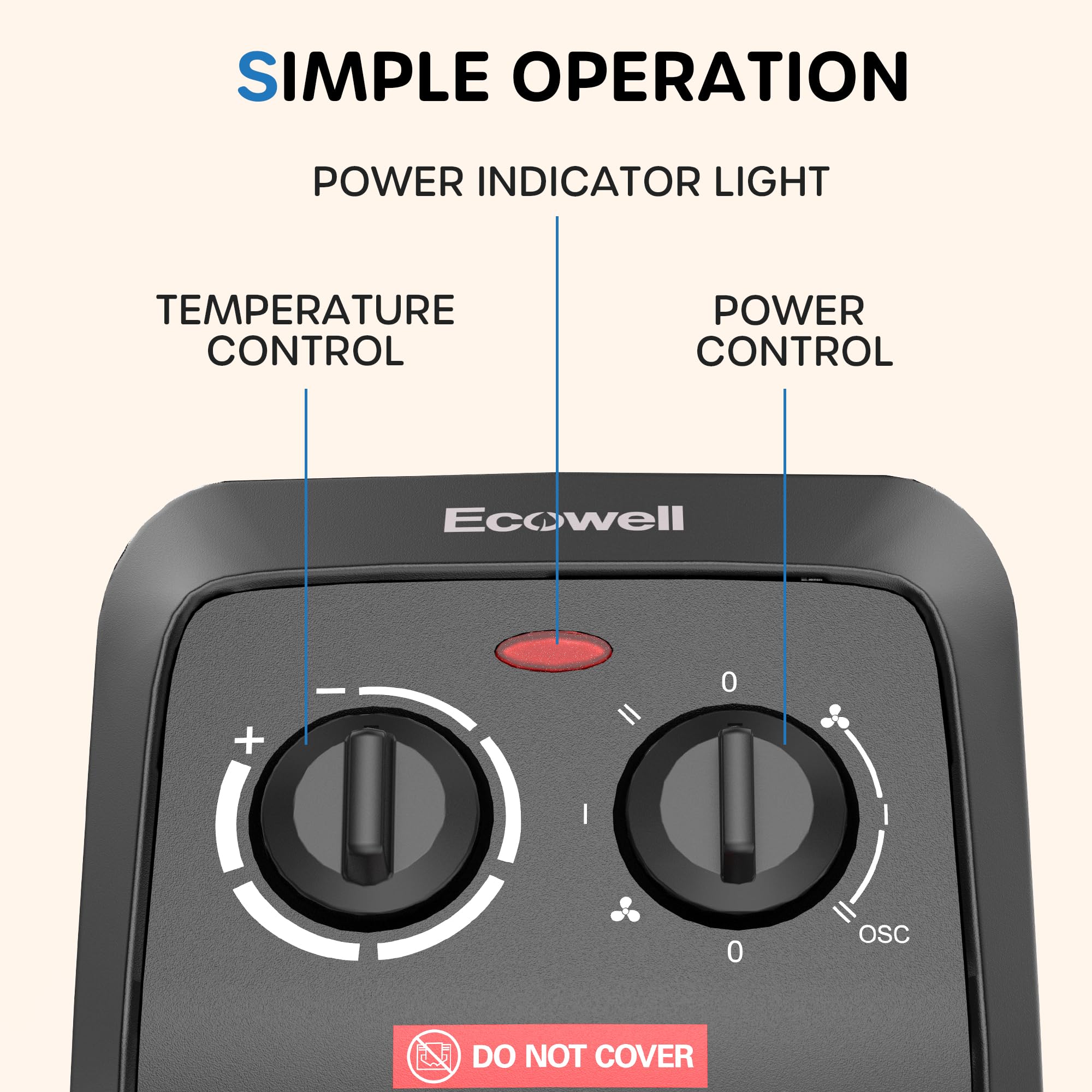 ECOWELL 18" Tower Heater for Indoor Use, 1500W Fast Heating Ceramic Electric Heater with Thermostat, 3 Modes, Tip-Over Protection, 60° Oscillating Portable Space Heater for Office Bedroom EHT180