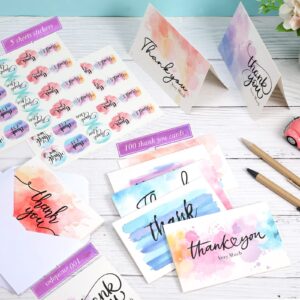 Faccito 100 Watercolor Thank You Cards with Envelopes and Stickers, Baby Shower, Graduation, Birthday, Wedding, Thank You