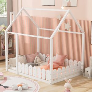 Merax Full Size House Bed Frames Platform Bed with Fence for Boys or Girls, Box Spring Needed(Slats Kit Not Included), White