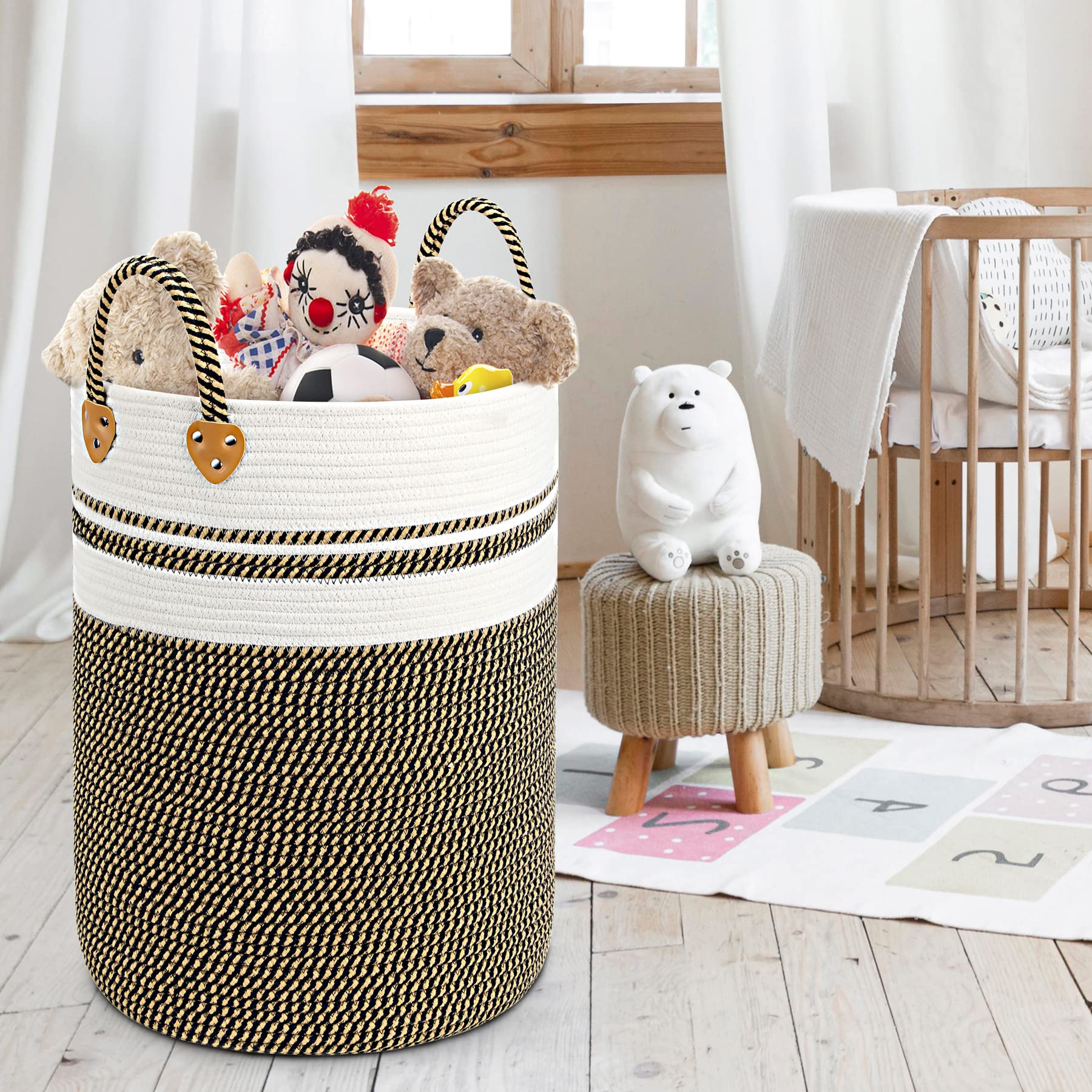 Tall Laundry Basket, Extra Large Rope Basket Large Storage Basket Modern Decorative Woven Basket for Living Room,Storage Baskets for Toys Throws Pillows and Towels 22"x16" Black