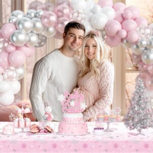 Fiesec Baby It’s Cold Outside Baby Shower Decorations Girl, Winter Wonderland Baby Shower Backdrop Balloon Garland Arch Glitter Banner Cake Topper Sash Snowflake Cutout Pink Silver 114 PCs