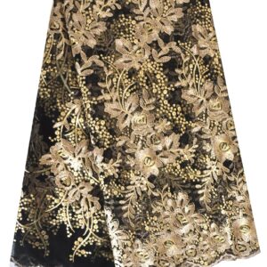 SanVera17 African Fabric Net Fabrics Nigerian Embroidered Lace Fabric for Party Dress (Gold) 5 Yards 2203-4