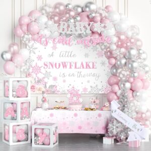 fiesec baby it’s cold outside baby shower decorations girl, winter wonderland baby shower backdrop balloon garland arch glitter banner cake topper sash snowflake cutout pink silver 114 pcs