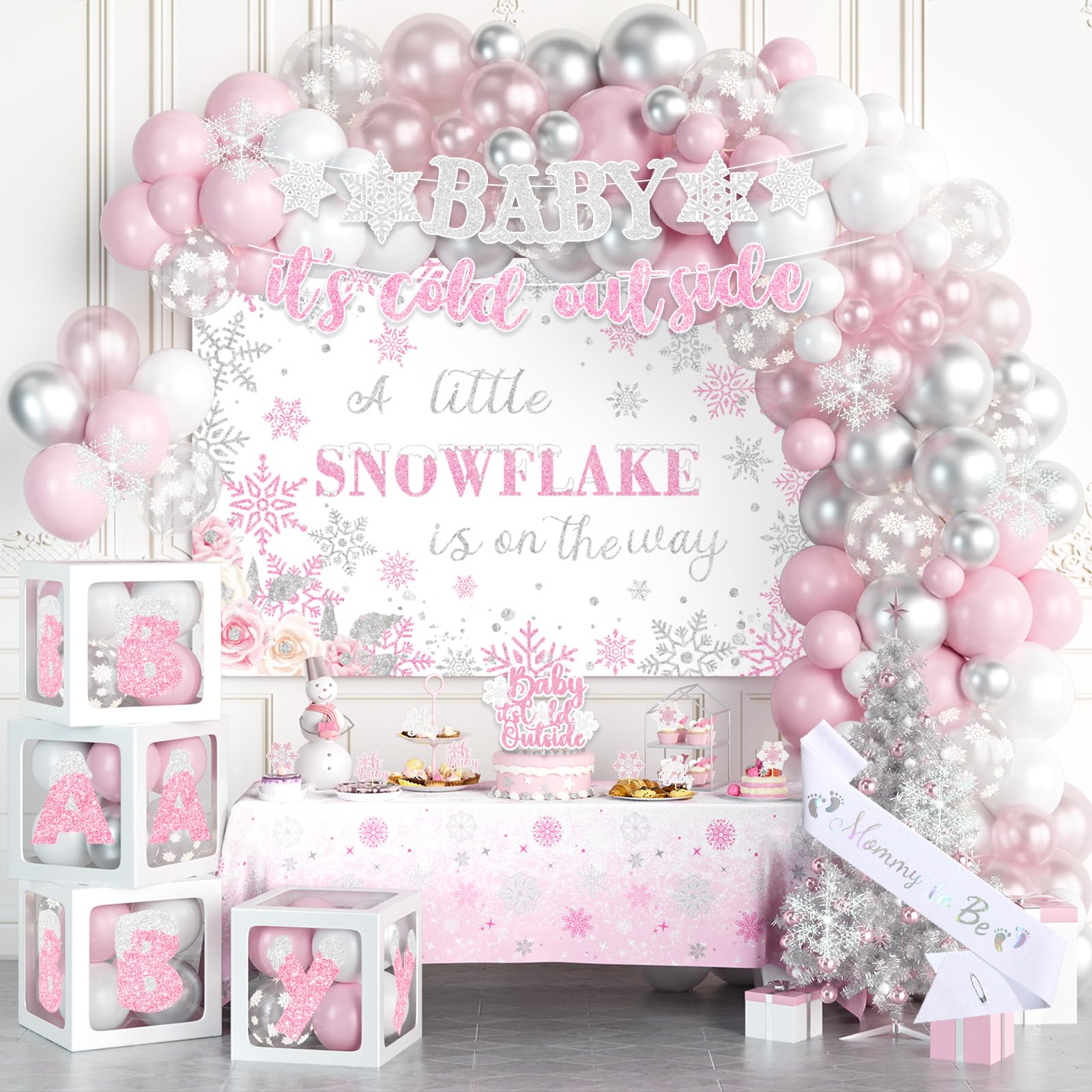 Fiesec Baby It’s Cold Outside Baby Shower Decorations Girl, Winter Wonderland Baby Shower Backdrop Balloon Garland Arch Glitter Banner Cake Topper Sash Snowflake Cutout Pink Silver 114 PCs