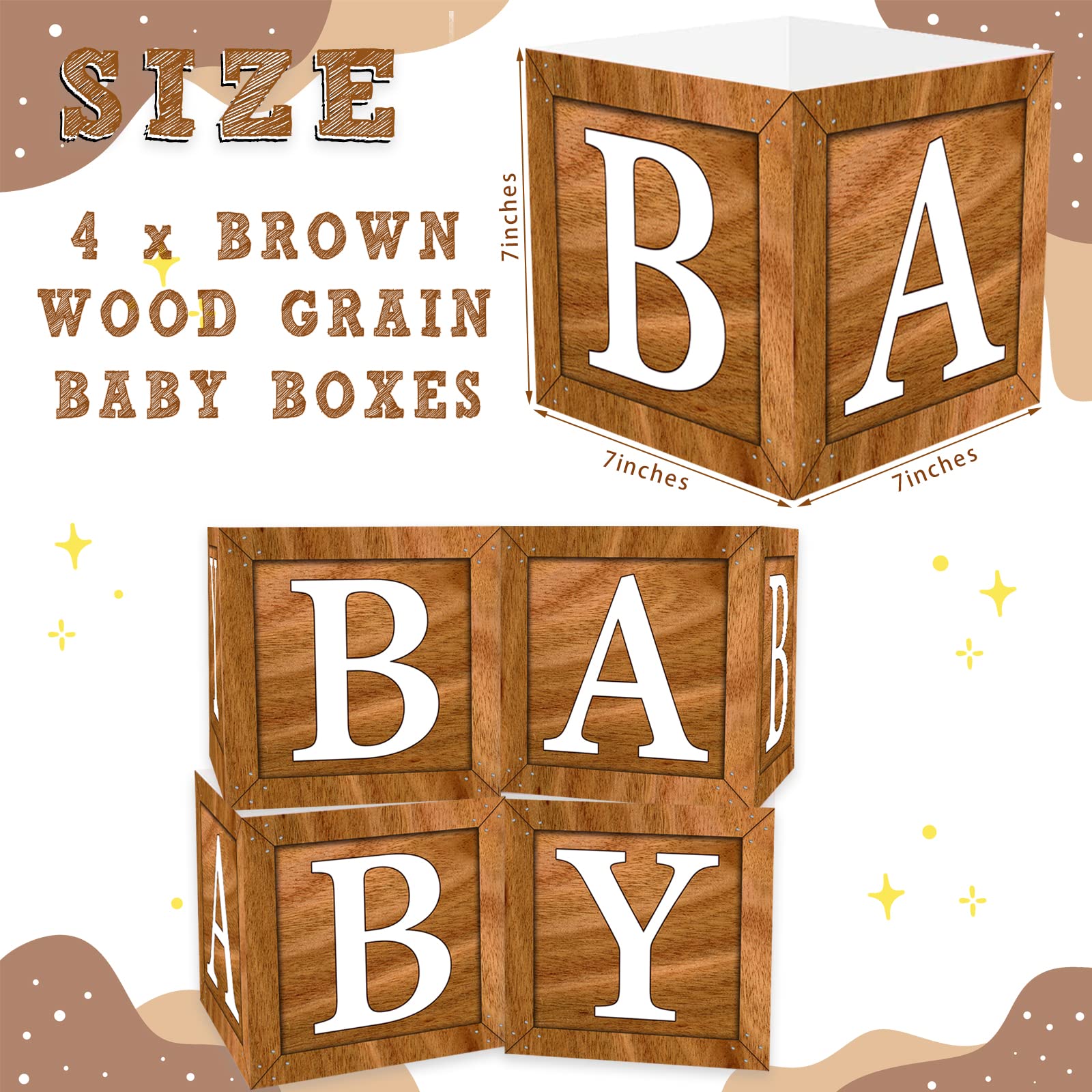 4 Wood Grain Baby Centerpiece Brown Flower Boxes Party Arrangement Favor Block Holder Baby Shower Gender Reveal Table Display with Letters Boy Girl Birthday Baby Shower Decorations without Flowers