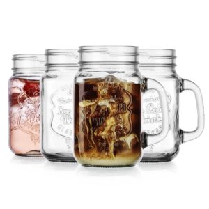 glaver's mason drinking jars – set of 4, 16 oz clear glass jars – with convenient handle and ice-cold embossed logo – ideal for hot and sunny days – perfect glass cups for cold drinks