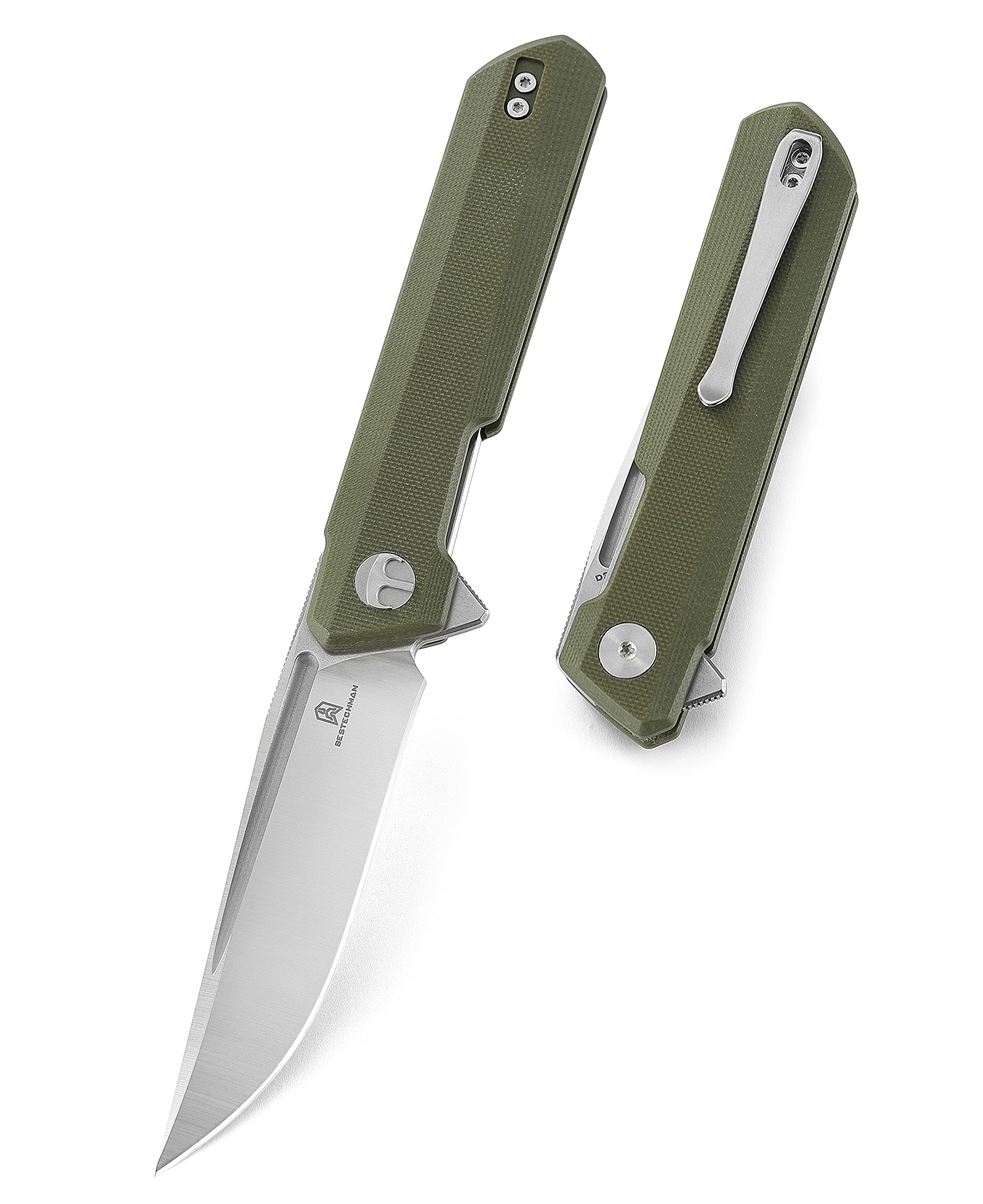 BESTECHMAN Dundee Pocket Folder Folding Knife: 3.35" D2 Steel Stonewash Satin Blade, G10 Scales, EDC Reversible Deep Clip, BMK01B (OD Green)