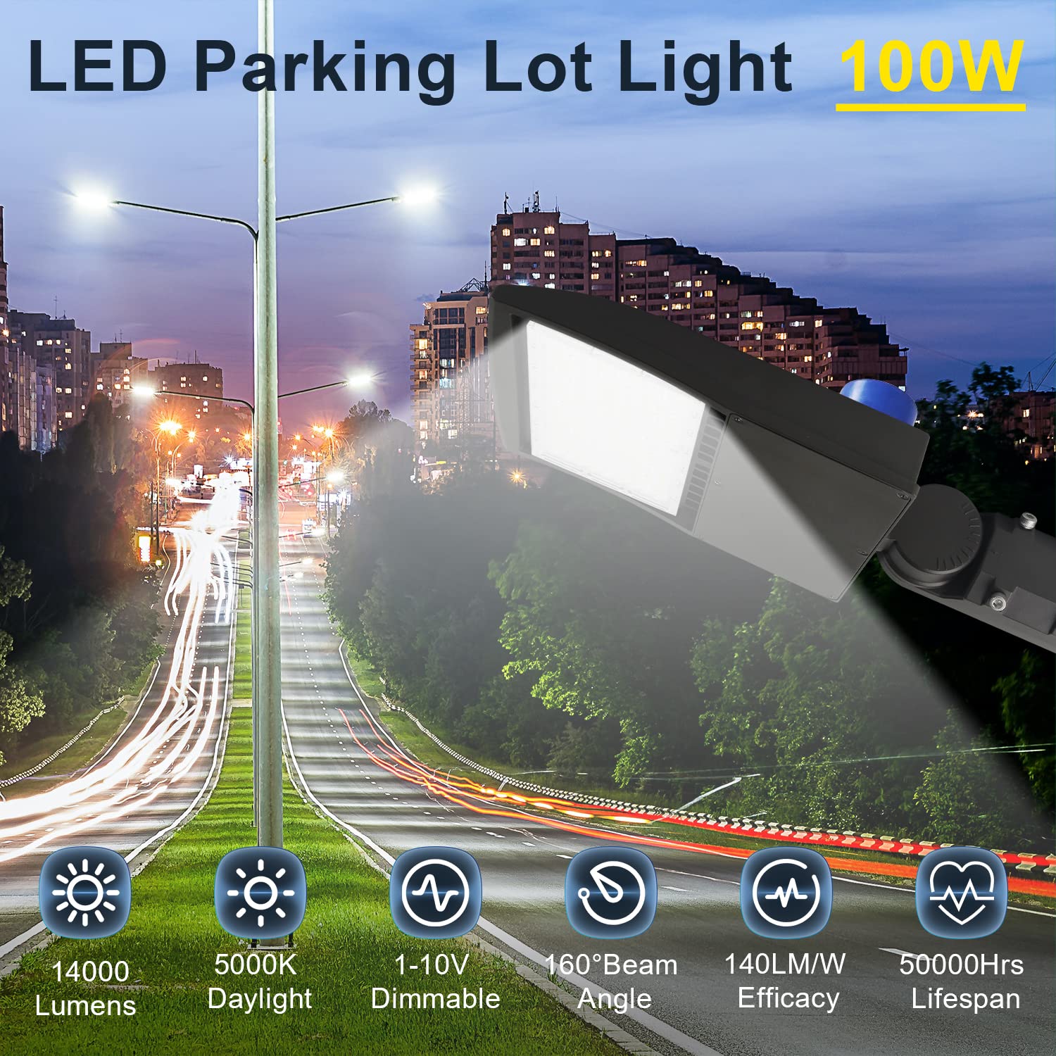 100W LED Parking Lot Light with Dusk to Dawn Photocell, 14000LM LED Shoebox Area Light 5000K Dimmable Commercial Street Lighting(400W HID/HPS Equiv.) - Slip Fitter Mount IP65 100-277V UL DLC Listed