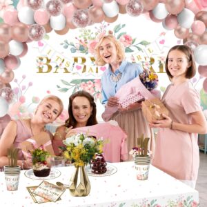 Baby Shower Decorations for Girl，242 PCS of Floral Girl Baby Shower Decorations Party Supplies with Background,Disposable Tableware（25 guests),"It's A Girl" Banner, Balloons Wreath and Tablecloth