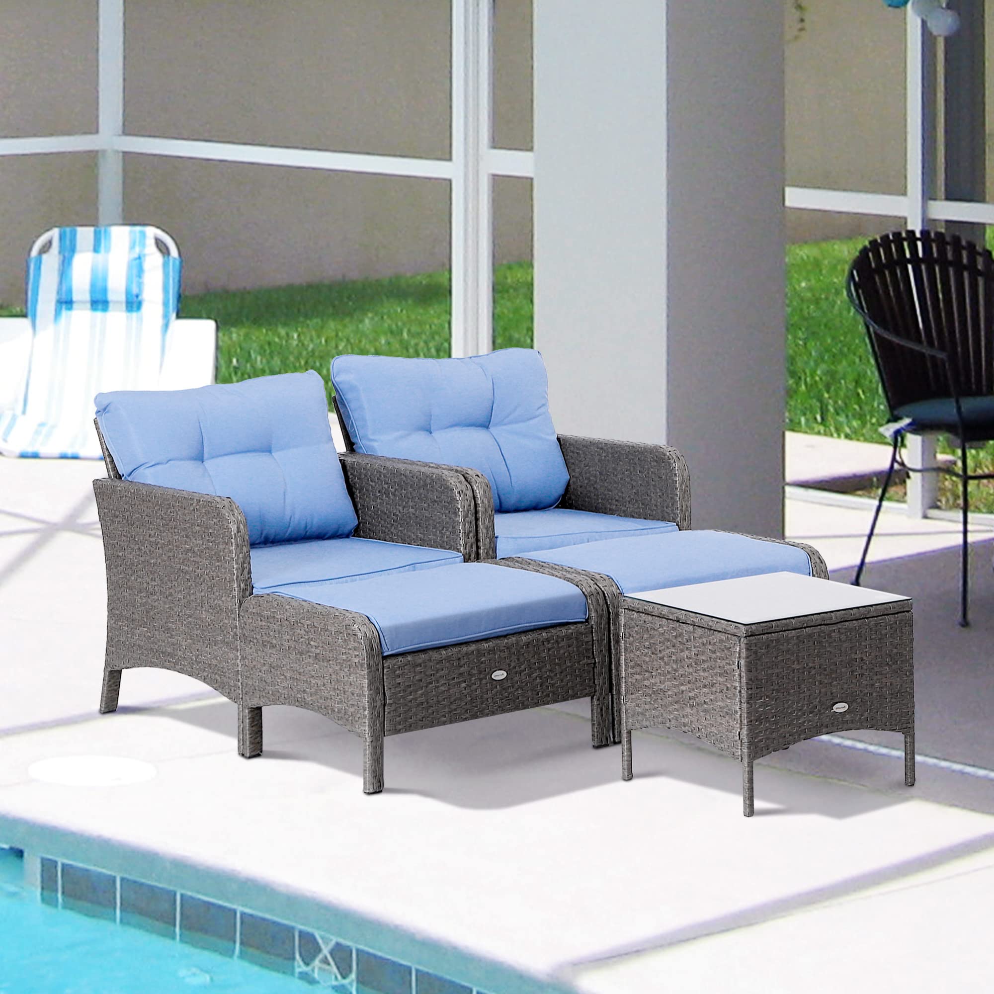 Outsunny 5 Pieces Rattan Wicker Lounge Chair Outdoor Patio Conversation Set with 2 Cushioned Chairs, 2 Ottomans and Tempered Glass Top Coffee Table, Blue