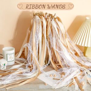 Taiyin 150 Pcs Lace Ribbon Stick Wands Wedding Wand Streamers with Bell Silk Ribbon Fairy Wand Wedding Send Off Streamer for Wedding Party Favors Baby Shower Holiday(White)