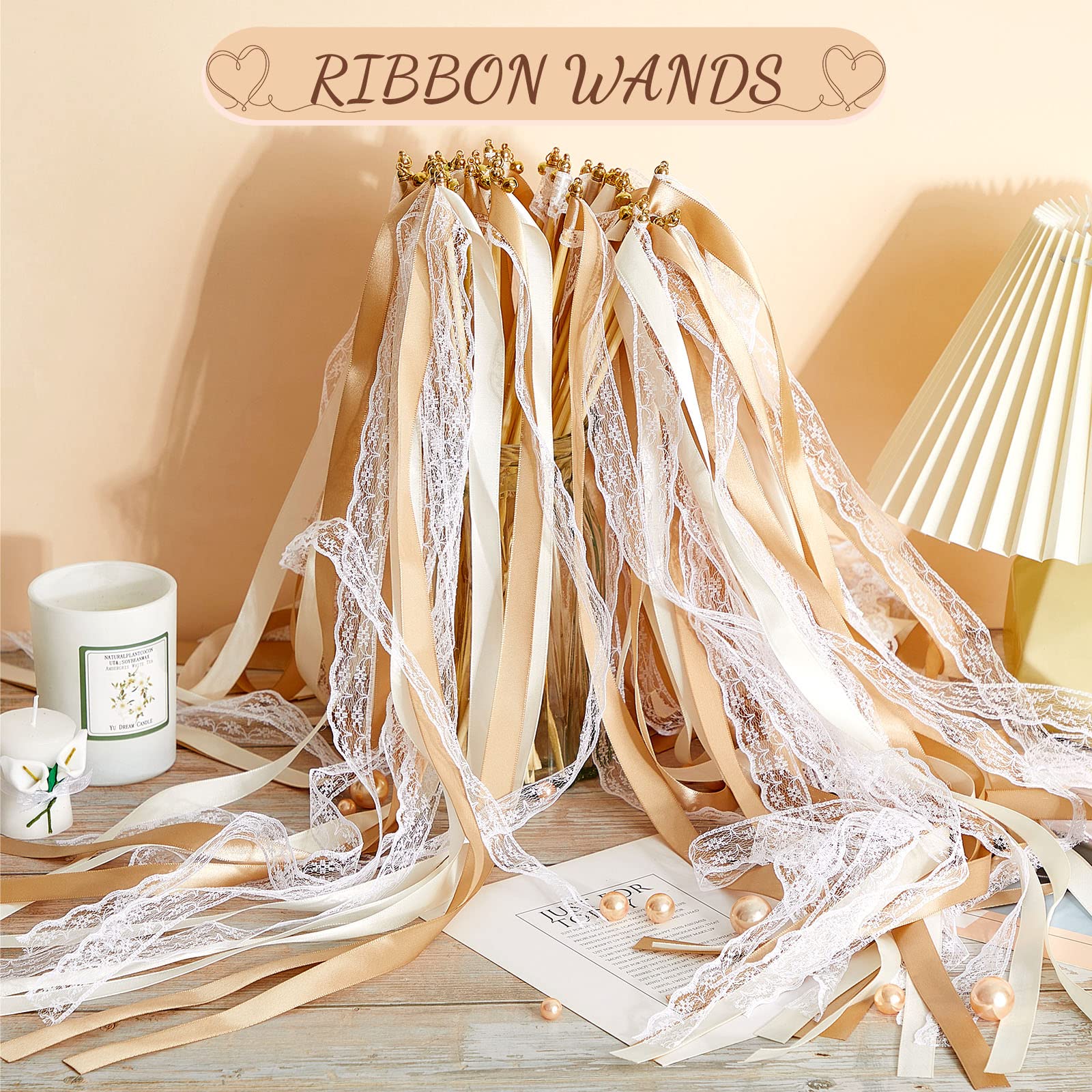 Taiyin 150 Pcs Lace Ribbon Stick Wands Wedding Wand Streamers with Bell Silk Ribbon Fairy Wand Wedding Send Off Streamer for Wedding Party Favors Baby Shower Holiday(White)