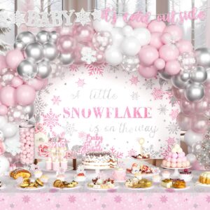 Fiesec Baby It’s Cold Outside Baby Shower Decorations Girl, Winter Wonderland Baby Shower Backdrop Balloon Garland Arch Glitter Banner Cake Topper Sash Snowflake Cutout Pink Silver 114 PCs