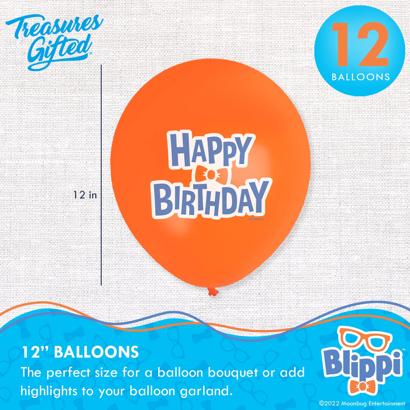 Treasures Gifted Officially Licensed Blippi Birthday Party Supplies - 12 Pack - Blippi Balloons - Latex Blippi Birthday Decoration Balloons - 12 Inch Happy Birthday Balloons in Orange, Blue & White