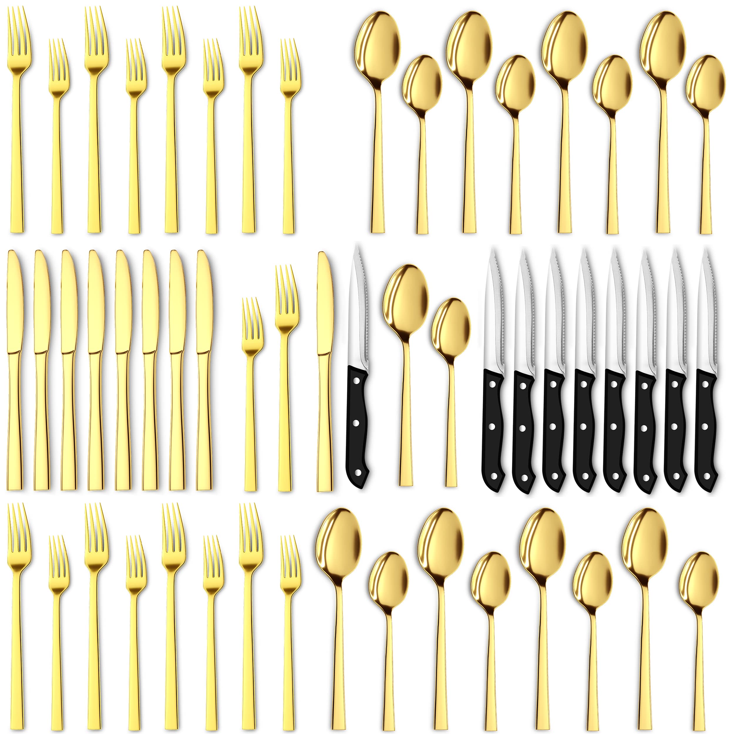 Utopia Kitchen 48 Piece Silverware Set Service for 8, Flatware Set with Steak Knives, Stainless Steel Utensil Sets, Mirror Polished Cutlery Set for Home, Kitchen, Restaurant, Dishwasher Safe - Gold