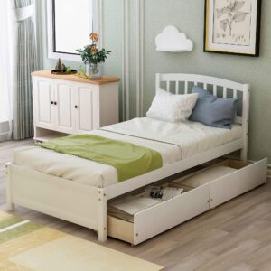 harper & bright designs twin storage bed, twin size platform bed with 2 drawers, wooden twin bed with headboard & slat support, no spring needed, twin bed for boys, girls, teens, adults(white)