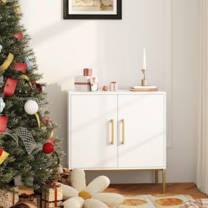 JOZZBY Buffet Sideboard Cabinet with Storage, Modern Wooden Free Standing Cabinet with Adjustable Shelves, White and Gold Cabinets for Living Room, Kitchen, Hallway