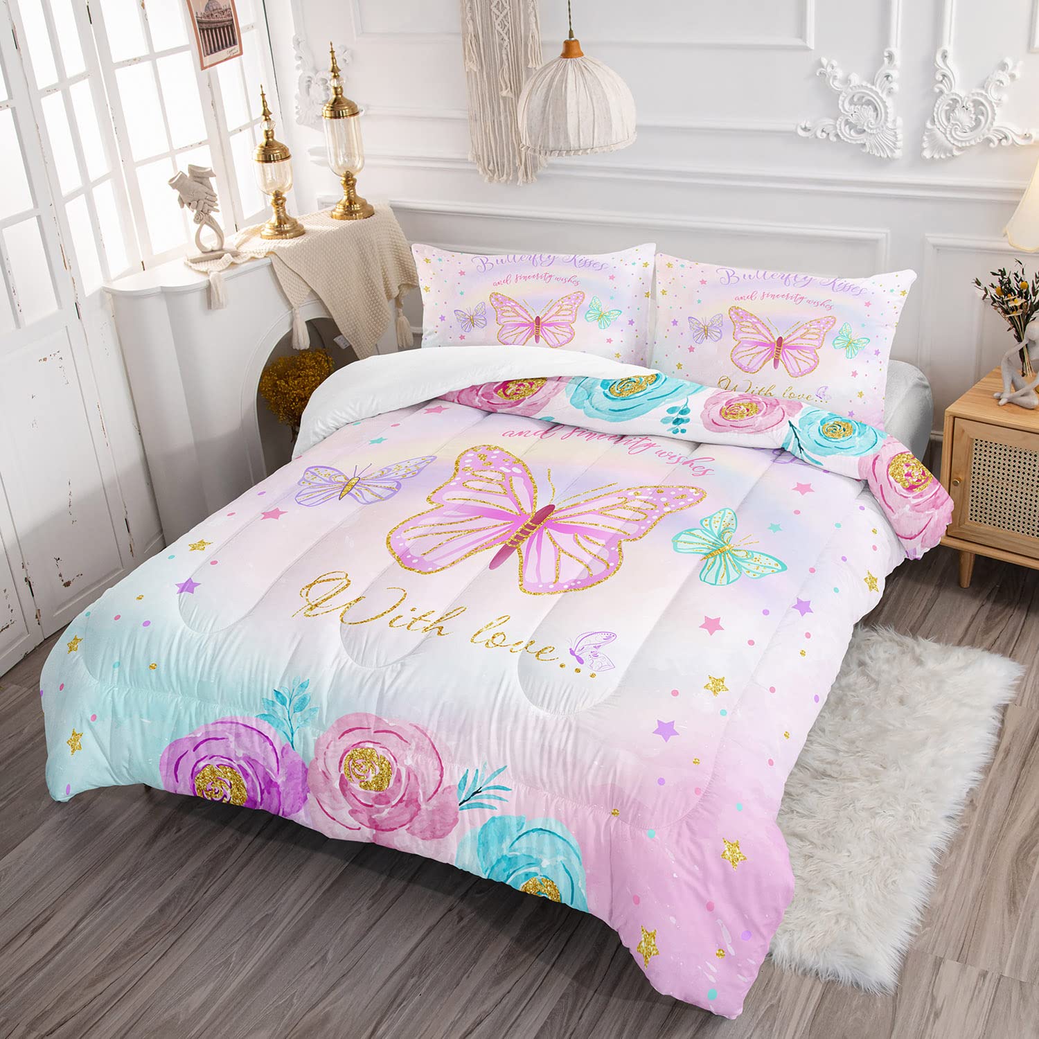 CVHOUSE Butterfly Bedding Set,Butterfly Comforter Twin,Butterfly Comforter Set for Girls Kids Teens,Butterflies Quilt Set with 1 Comforter and 2 Pillow Cases- 3 Piece