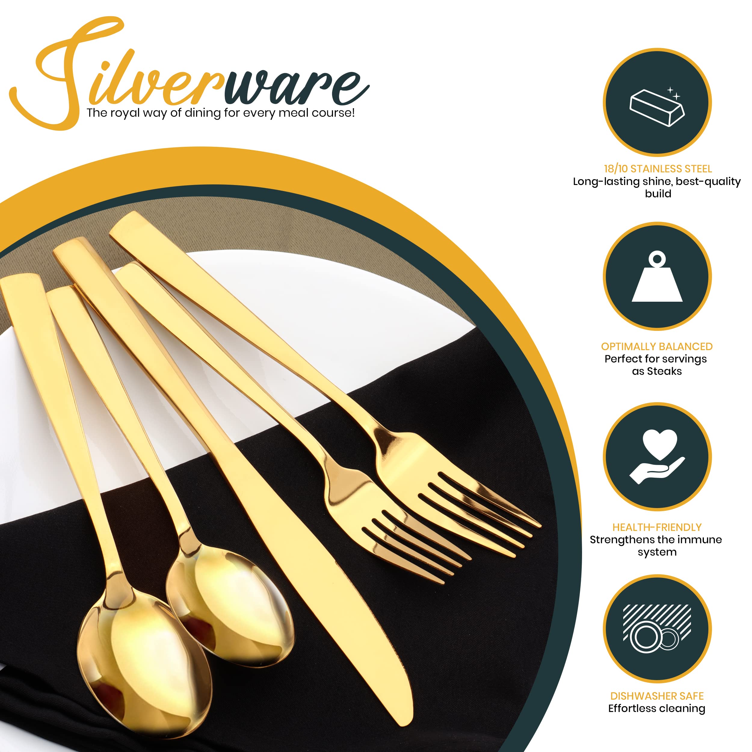 Utopia Kitchen 48 Piece Silverware Set Service for 8, Flatware Set with Steak Knives, Stainless Steel Utensil Sets, Mirror Polished Cutlery Set for Home, Kitchen, Restaurant, Dishwasher Safe - Gold