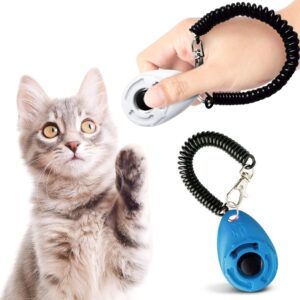 SunGrow Dog Training Clickers with Black Wrist Strap, Pet Parrot, Puppy, and Kitten Clickers Training Kit, Flat Drop-Shape Button, Blue and White, 2-Pack