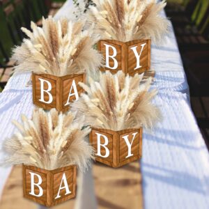 4 Wood Grain Baby Centerpiece Brown Flower Boxes Party Arrangement Favor Block Holder Baby Shower Gender Reveal Table Display with Letters Boy Girl Birthday Baby Shower Decorations without Flowers