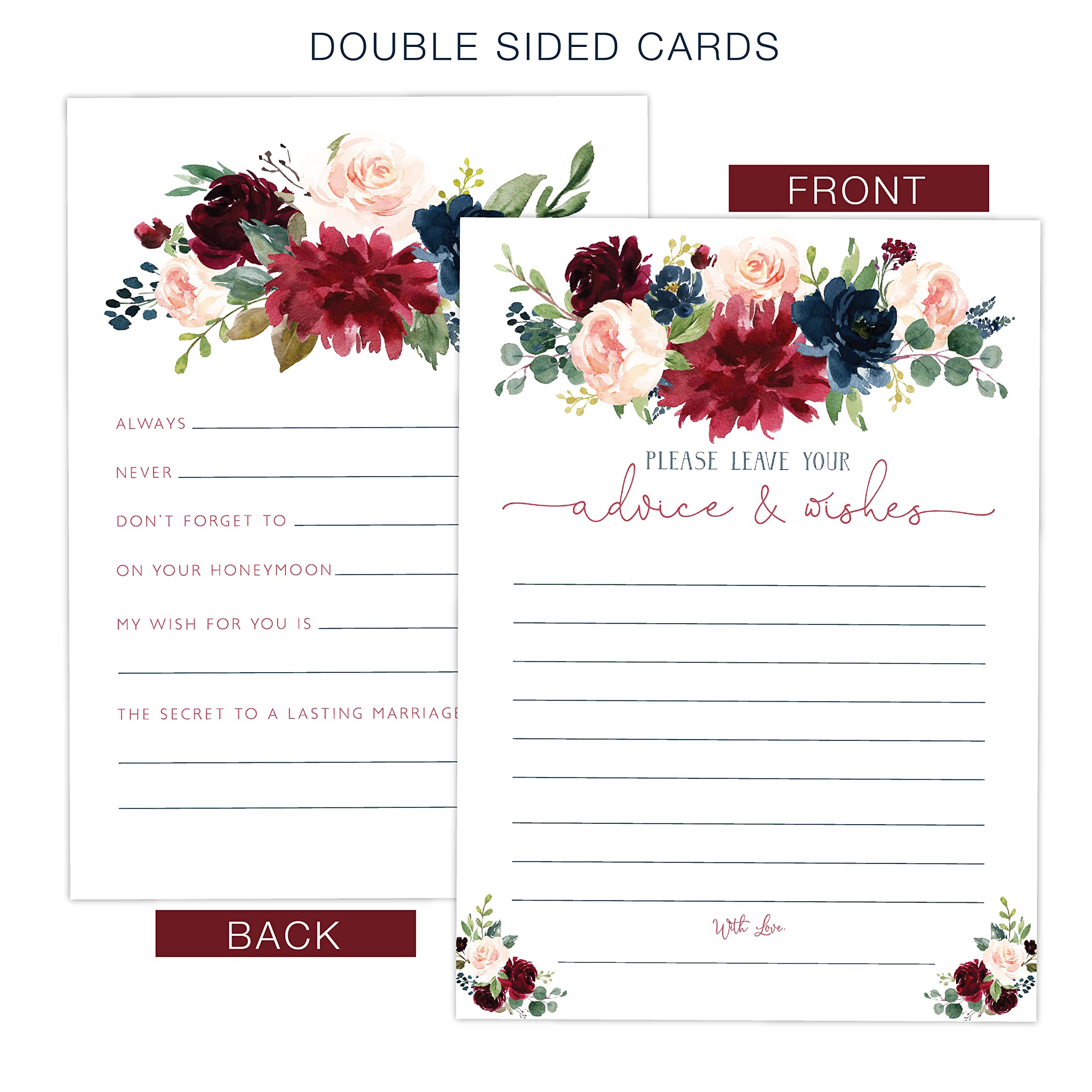 Your Main Event Prints Navy Burgundy Advice and Wishes Cards for Bridal Showers, Weddings, and the Bride and Groom - Pack of 50, 5"x7" Cards