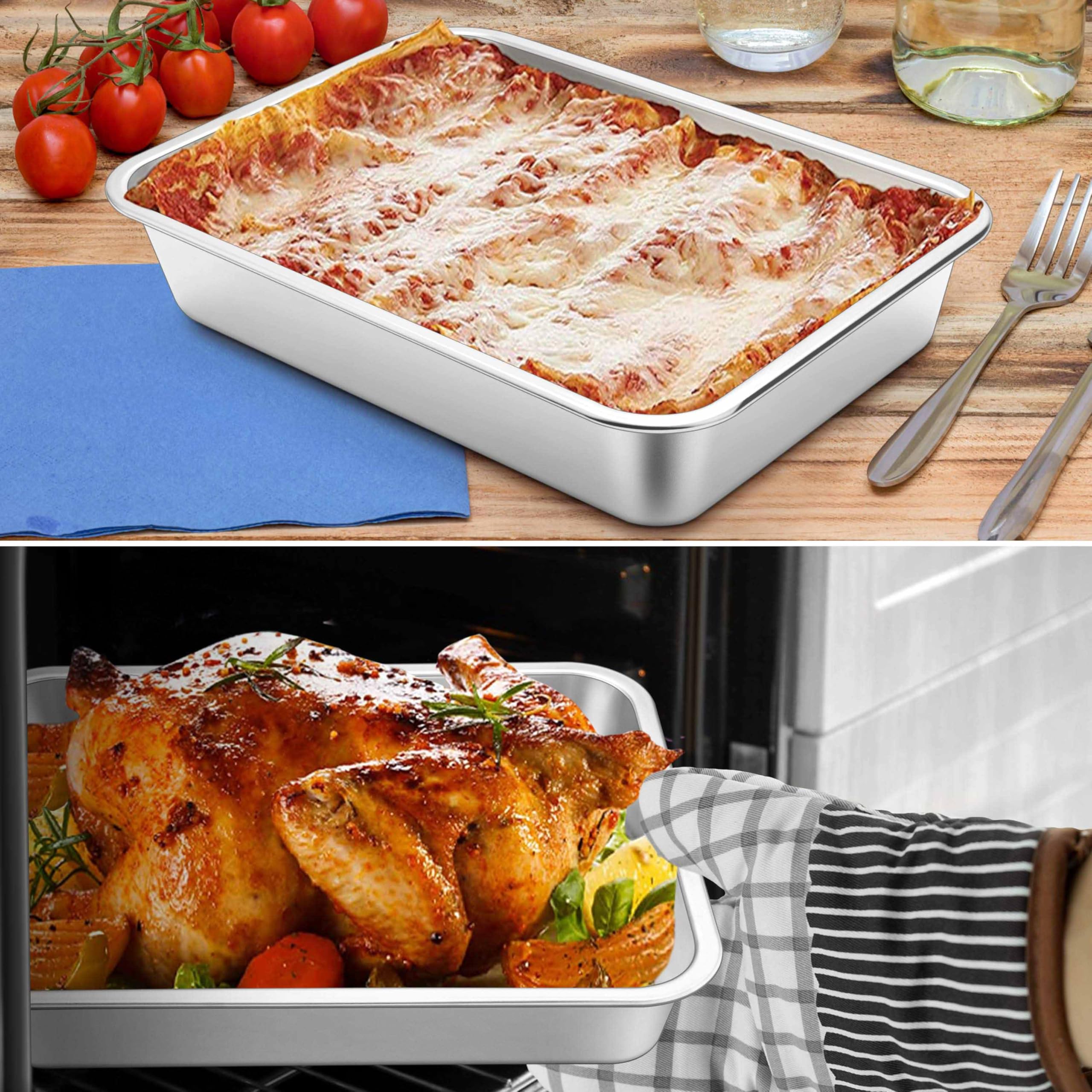 Homikit Lasagna Baking Pan, 9 x 13 Inches Stainless Steel Deep Baking Dish, Large Metal Roasting Tray Pan for Oven Toasting Turkey Cooking Casserole, Rust free & Heavy Duty, Nonstick & Dishwasher Safe