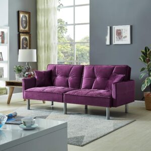 Legend Furniture Velvet Loveseat Futon Convertible Sofa Bed for Living Room and Couch for Bedroom Sofabed Sleeper, 75.5'', Purple