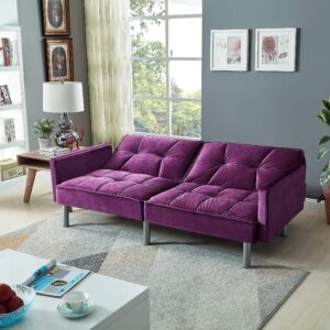 Legend Furniture Velvet Loveseat Futon Convertible Sofa Bed for Living Room and Couch for Bedroom Sofabed Sleeper, 75.5'', Purple