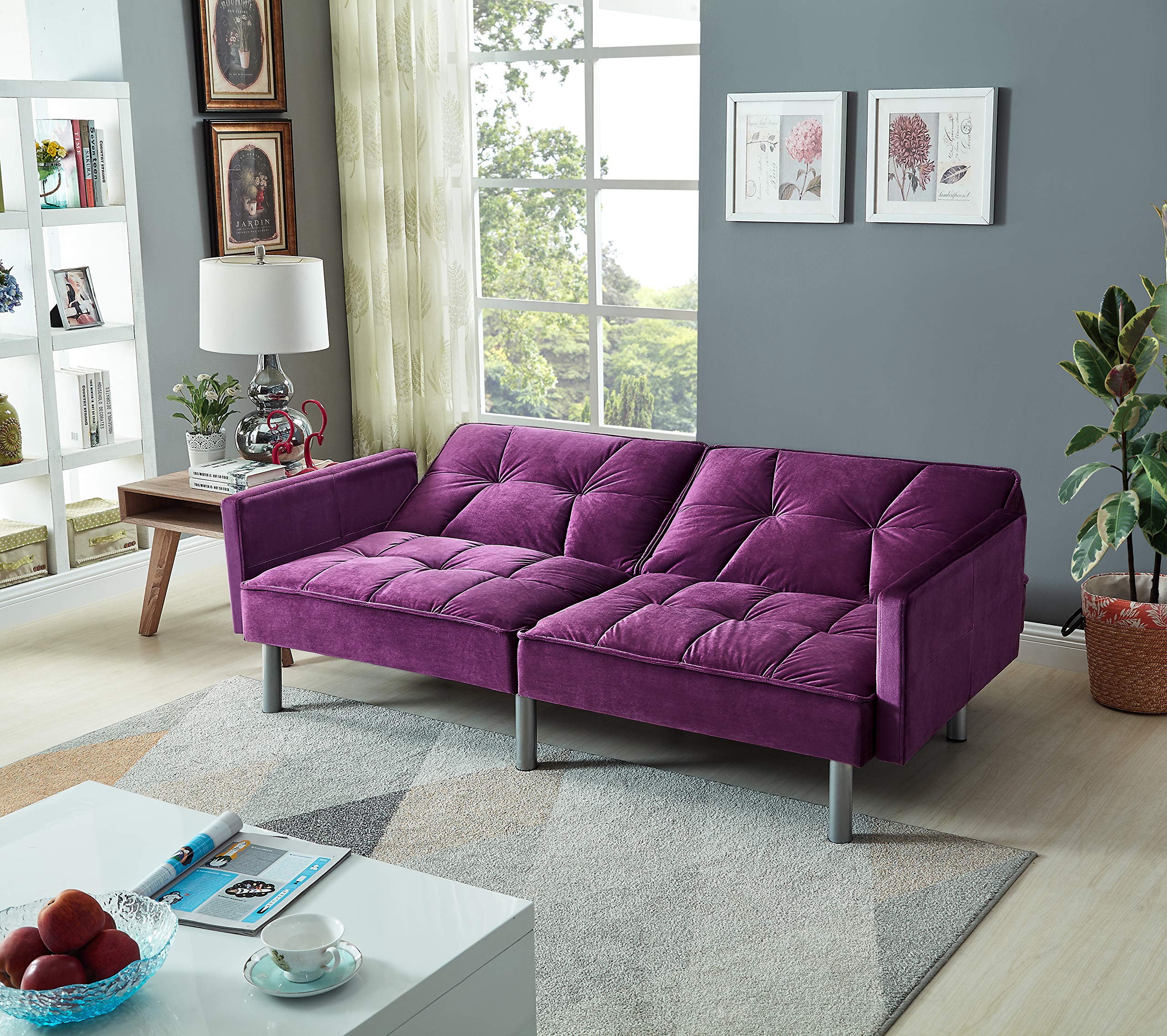 Legend Furniture Velvet Loveseat Futon Convertible Sofa Bed for Living Room and Couch for Bedroom Sofabed Sleeper, 75.5'', Purple