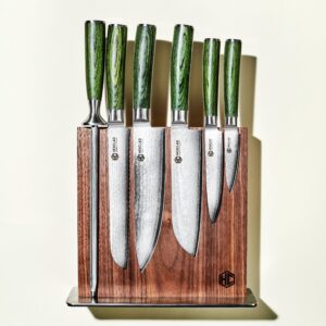 HexClad 7 Piece Knife Set - 6 Piece Damascus Essential Knife Set & Magnetic Knife Block, Comes with Chef's, Santoku, Bread, Utility and Pairing Knife and Walnut Knife Block