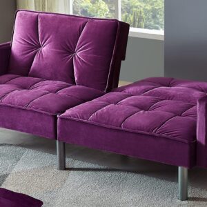 Legend Furniture Velvet Loveseat Futon Convertible Sofa Bed for Living Room and Couch for Bedroom Sofabed Sleeper, 75.5'', Purple