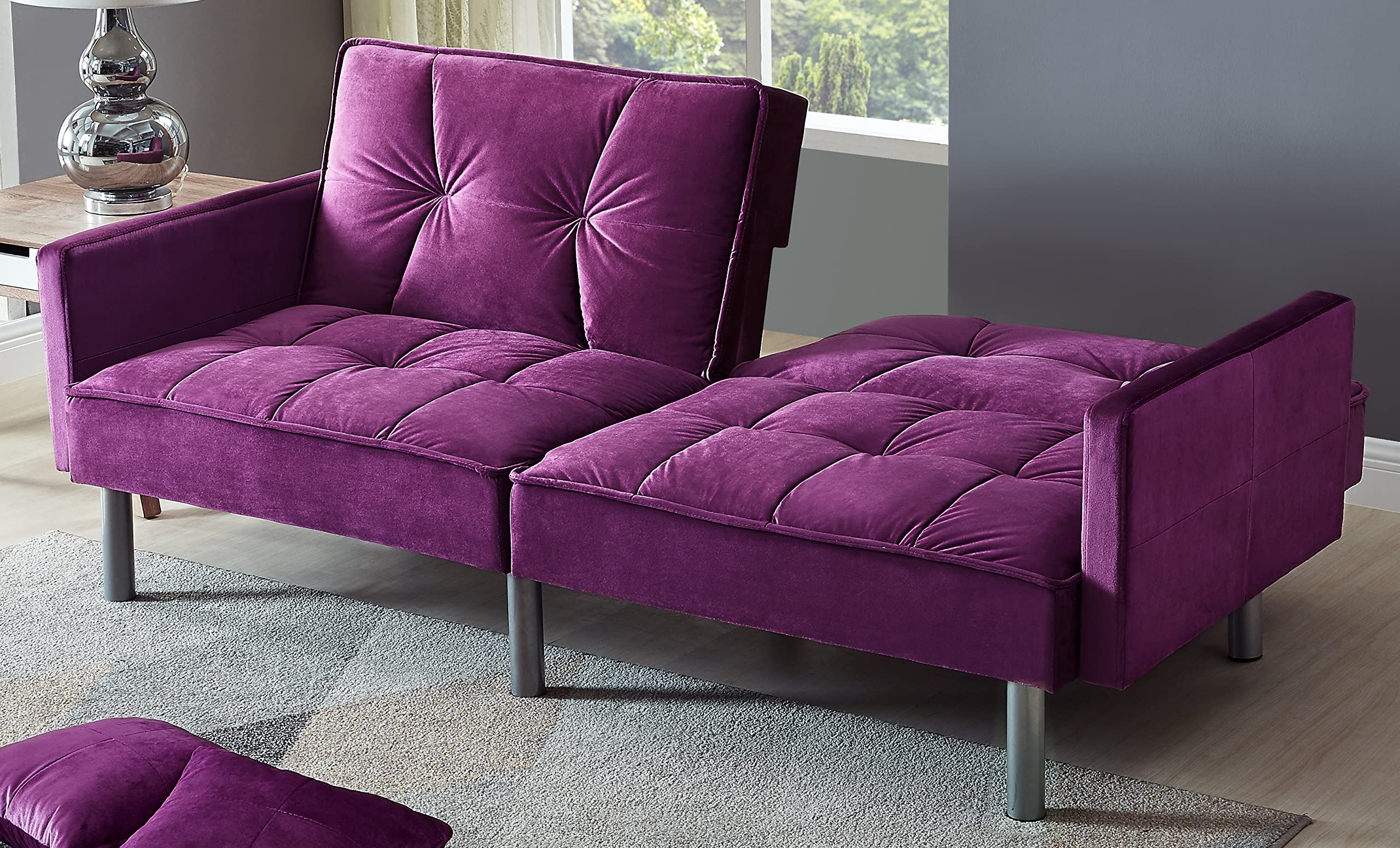 Legend Furniture Velvet Loveseat Futon Convertible Sofa Bed for Living Room and Couch for Bedroom Sofabed Sleeper, 75.5'', Purple