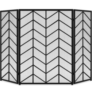 best choice products 52x31in 3 panel chevron fireplace screen, mid century modern wrought iron hand crafted fire place guard for living room home decor, steel mesh - black