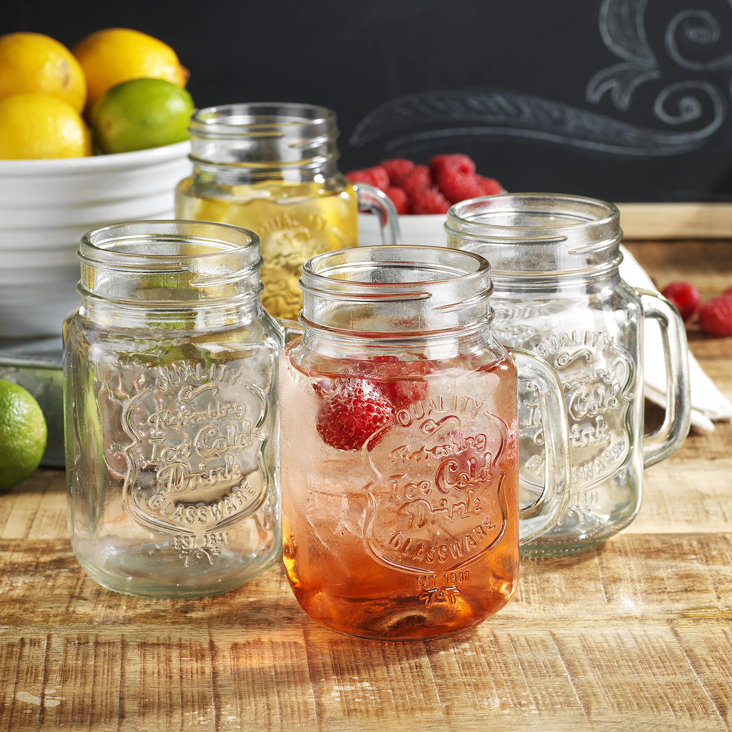 Glaver's Mason Drinking Jars – Set of 4, 16 Oz Clear Glass Jars – With Convenient Handle and Ice-Cold Embossed Logo – Ideal for Hot and Sunny Days – Perfect Glass Cups for Cold Drinks