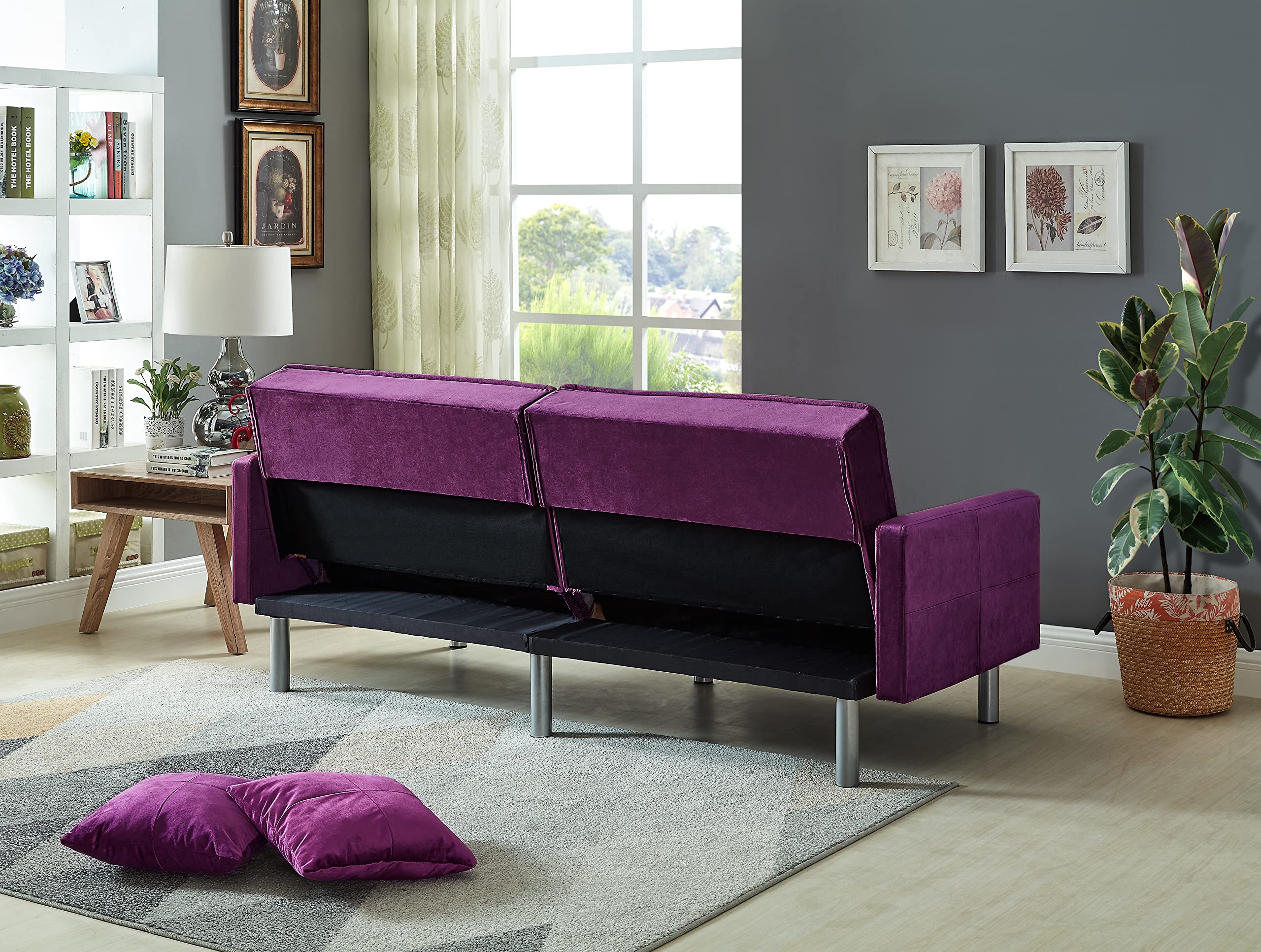 Legend Furniture Velvet Loveseat Futon Convertible Sofa Bed for Living Room and Couch for Bedroom Sofabed Sleeper, 75.5'', Purple