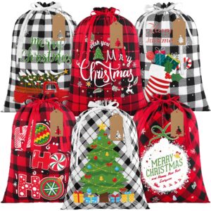 aneco 6 pieces christmas drawstring gift bag buffalo plaid fabric bag with drawstring reusable gift wrapping bags with 24 kraft paper tags and rope for christmas party supplies, 11.8 x 15.7 inches