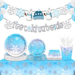 Winter Party Decorations, Snowflake Party Decorations, Christmas Party Decorations Include Blue Snow Party Plate, Dessert Plates, cups, Napkins (16 Guests)