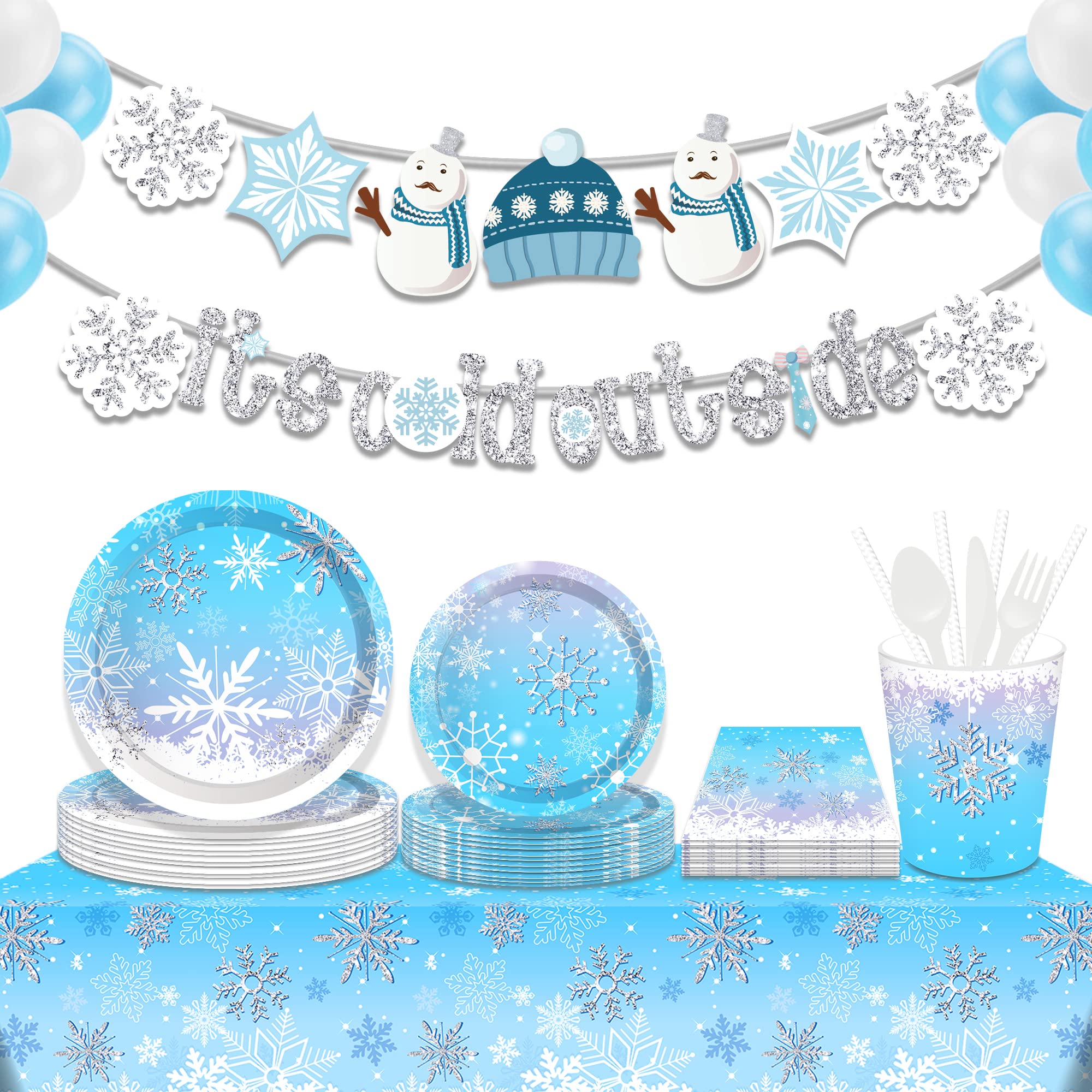 Winter Party Decorations, Snowflake Party Decorations, Christmas Party Decorations Include Blue Snow Party Plate, Dessert Plates, cups, Napkins (16 Guests)