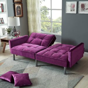 Legend Furniture Velvet Loveseat Futon Convertible Sofa Bed for Living Room and Couch for Bedroom Sofabed Sleeper, 75.5'', Purple