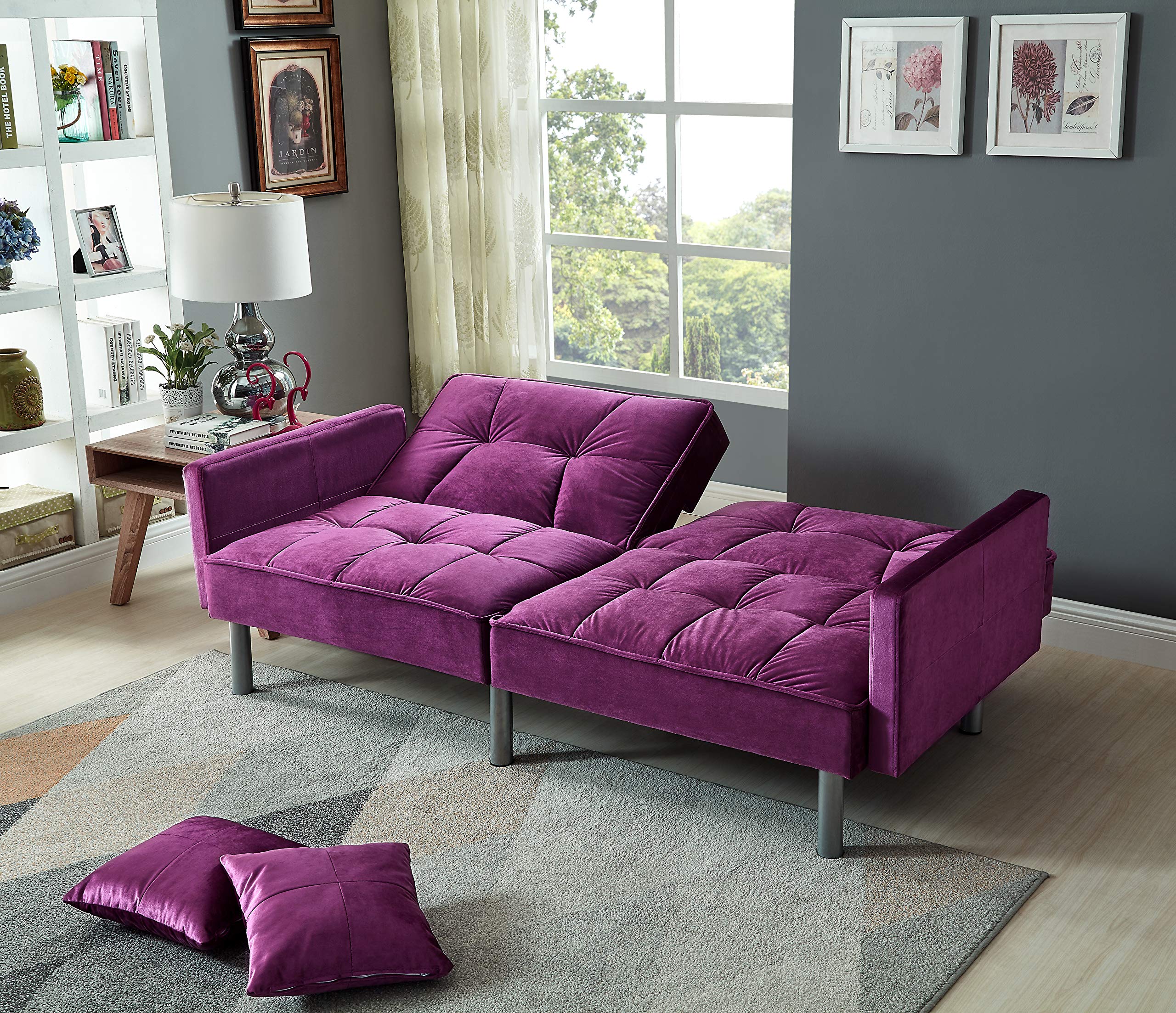 Legend Furniture Velvet Loveseat Futon Convertible Sofa Bed for Living Room and Couch for Bedroom Sofabed Sleeper, 75.5'', Purple