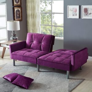 Legend Furniture Velvet Loveseat Futon Convertible Sofa Bed for Living Room and Couch for Bedroom Sofabed Sleeper, 75.5'', Purple