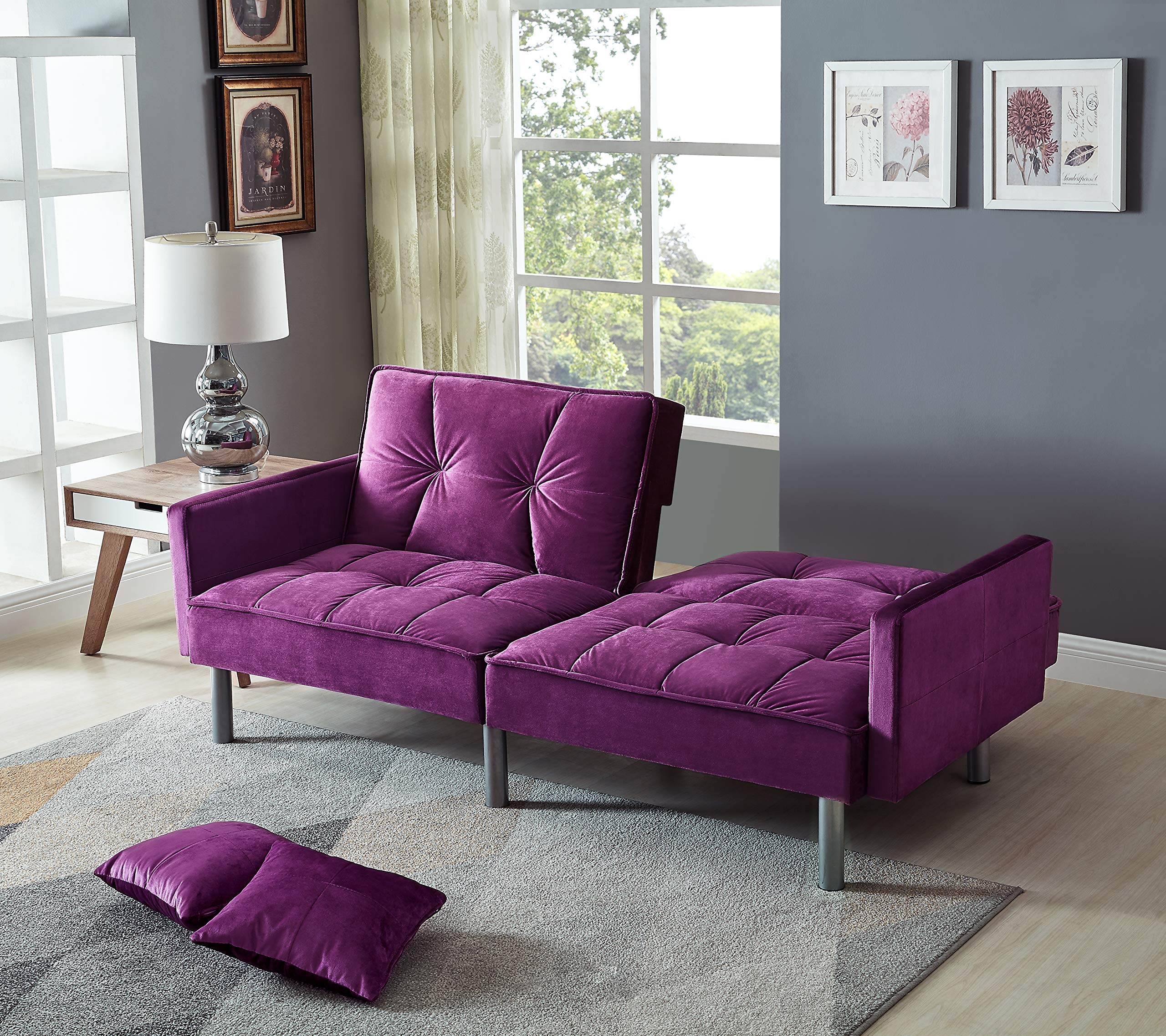 Legend Furniture Velvet Loveseat Futon Convertible Sofa Bed for Living Room and Couch for Bedroom Sofabed Sleeper, 75.5'', Purple